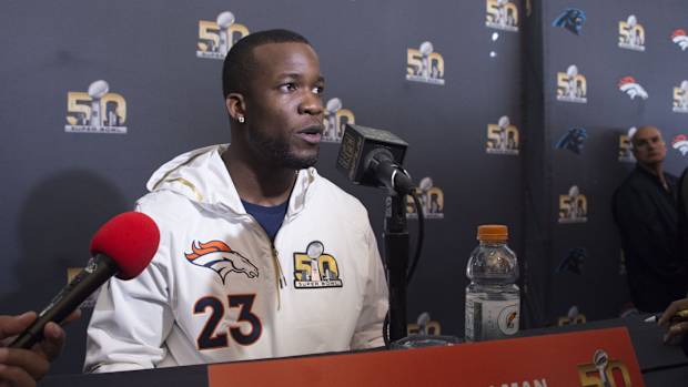 Denver Broncos running back Ronnie Hillman (23) addresses the media during a press conference prior to Super Bowl 50 at Santa Clara Marriott.